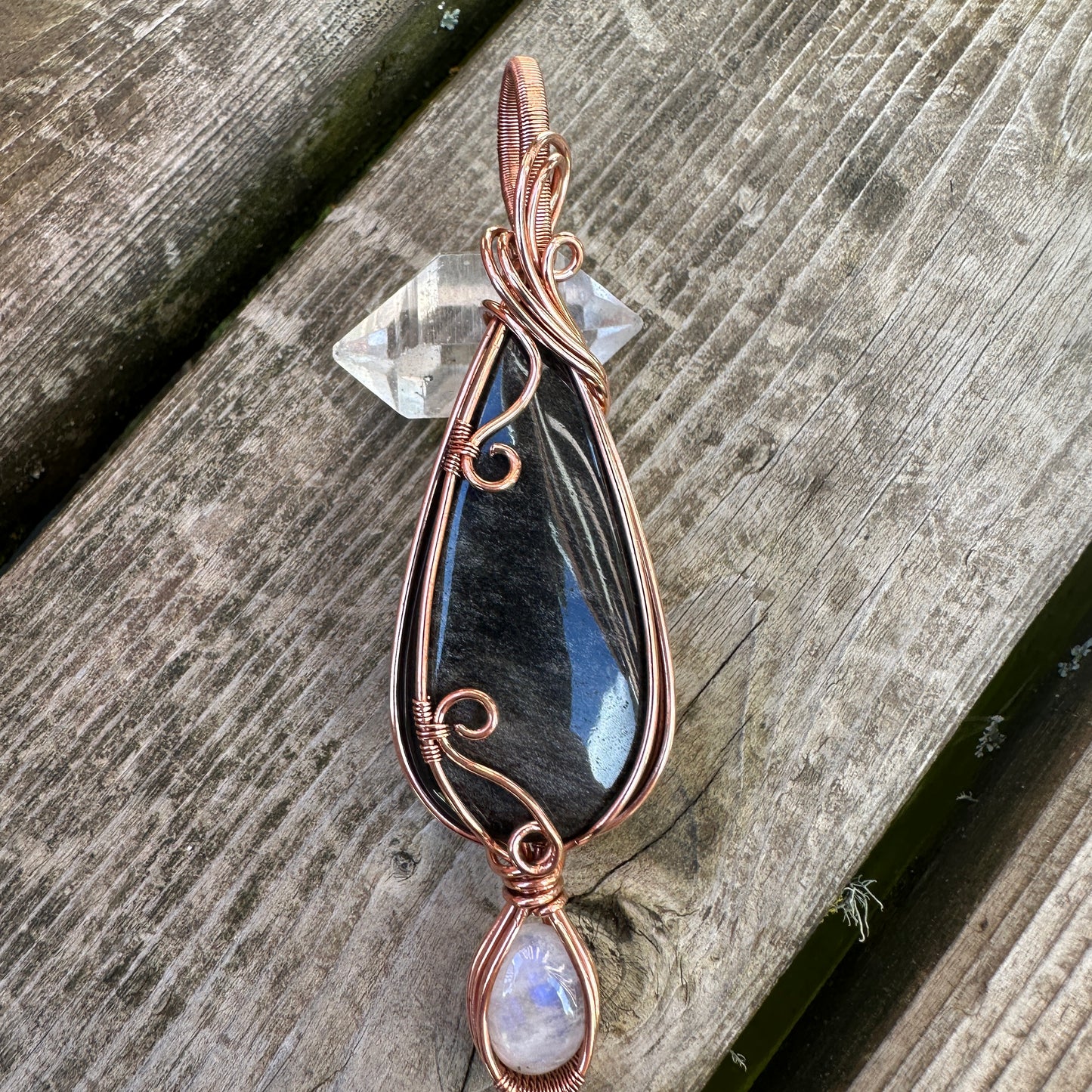 Silver Sheen Obsidian Copper Wire Wrap Pendant