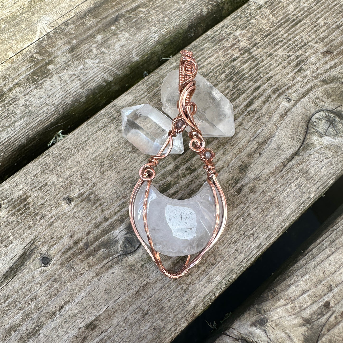Quartz Moon Copper Wire Wrap Pendant