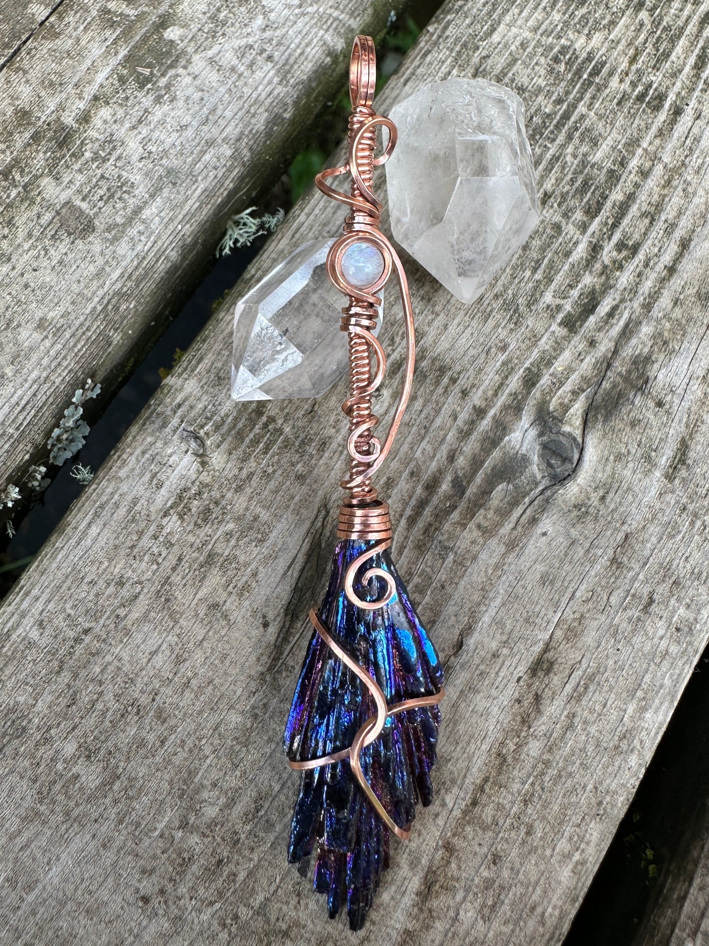 Titanium Coated Kyanite x Moonstone Broom Wire Wrap Copper Pendant