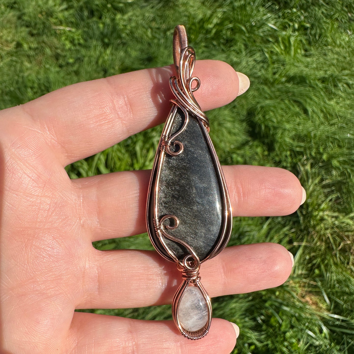 Silver Sheen Obsidian Copper Wire Wrap Pendant