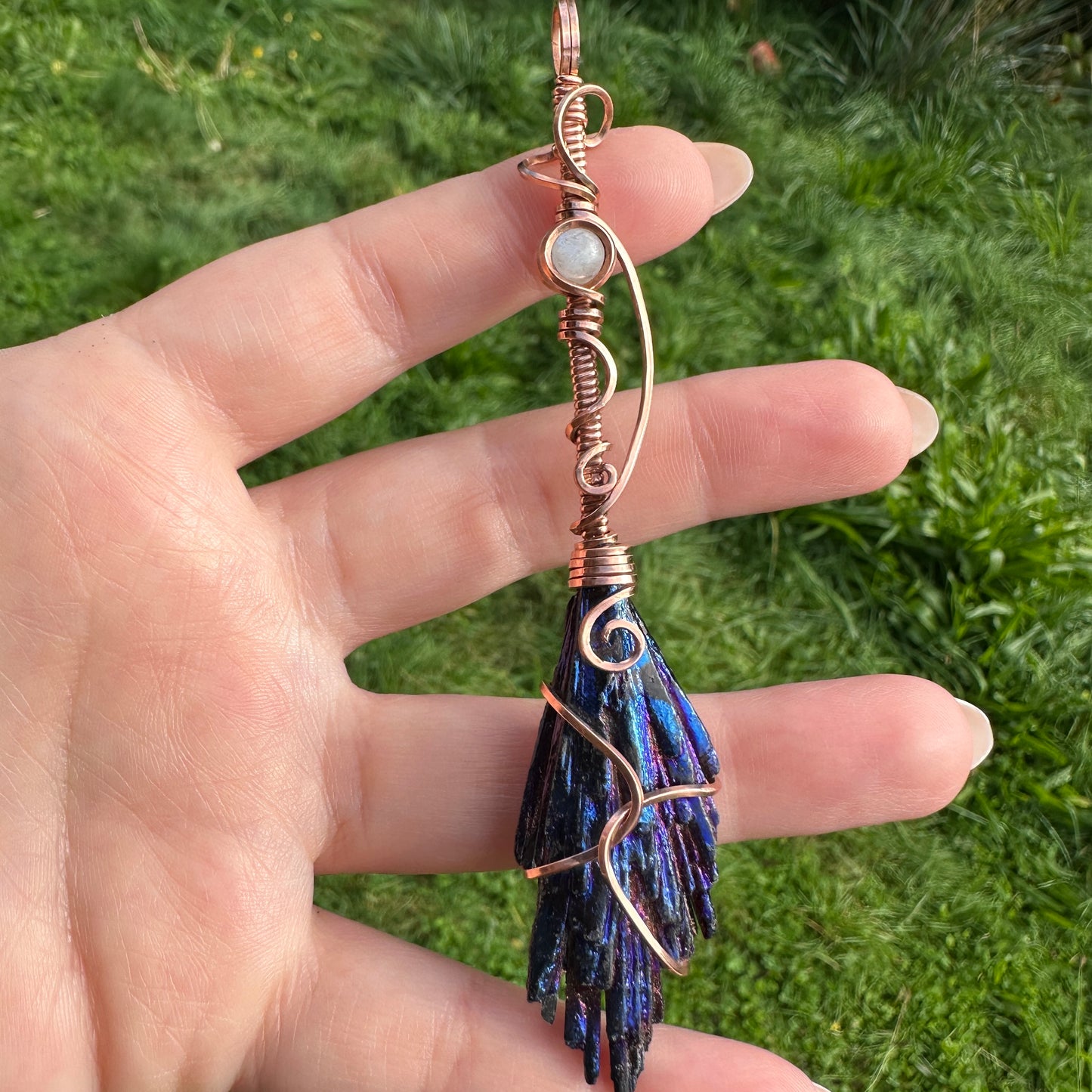 Titanium Coated Kyanite x Moonstone Broom Wire Wrap Copper Pendant