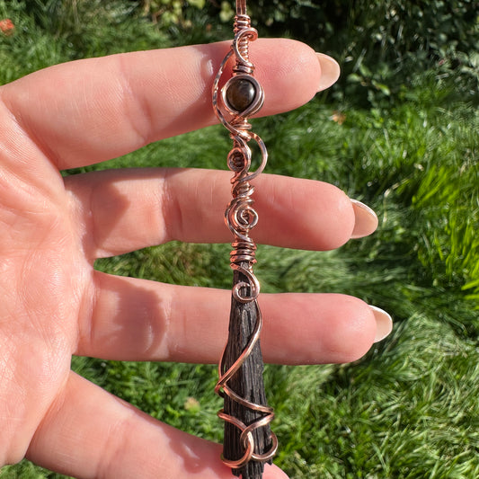 Black Kyanite x Tiger’s Eye Broom Copper Wire Wrap Pendant