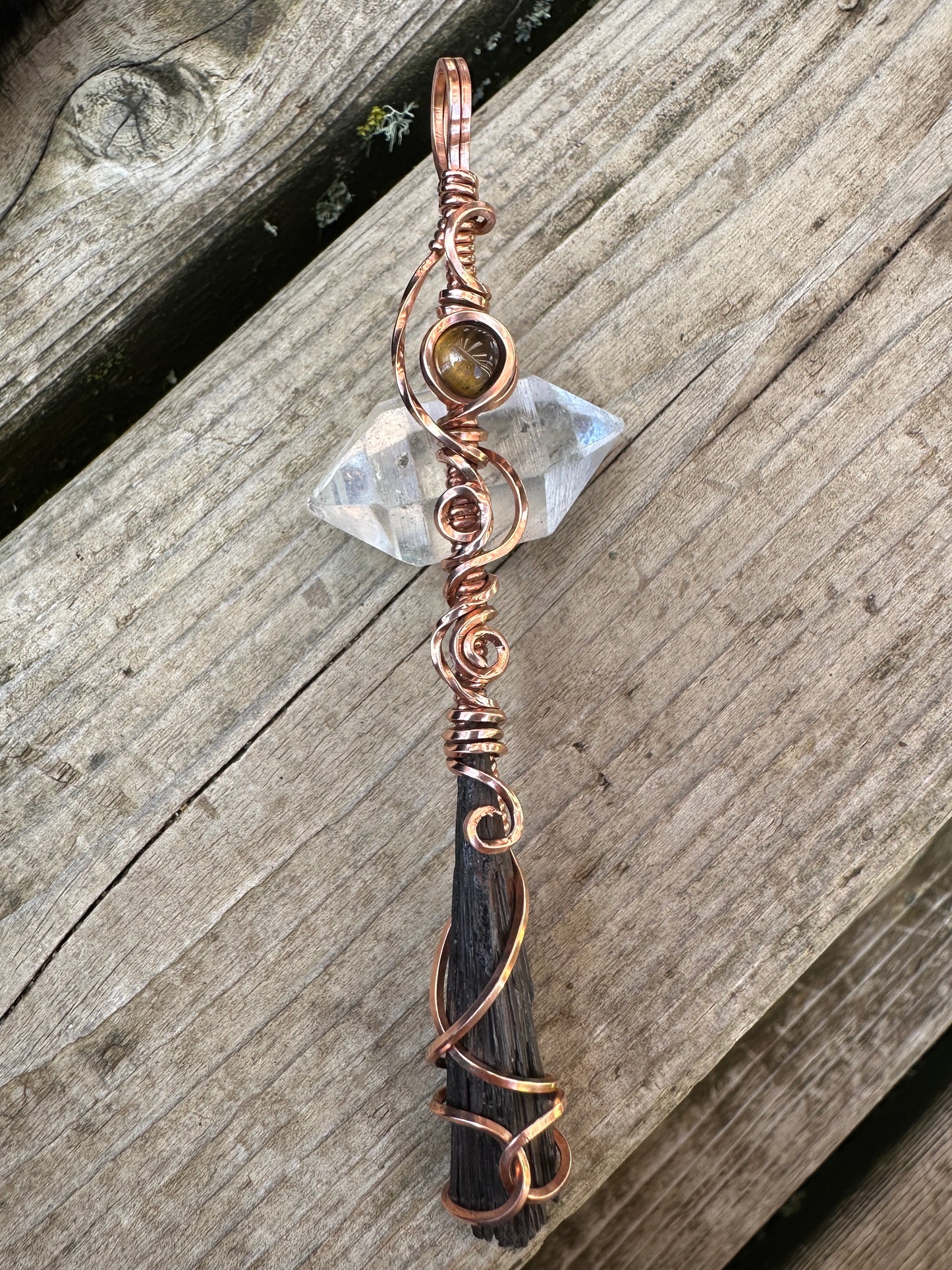 Black Kyanite x Tiger’s Eye Broom Copper Wire Wrap Pendant