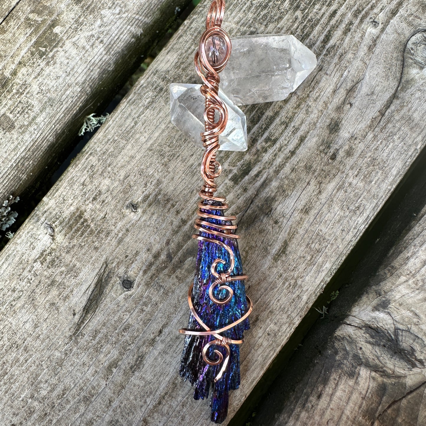 Titanium Coated Kyanite x Rutilated Quartz Broom Wire Wrap Copper Pendant