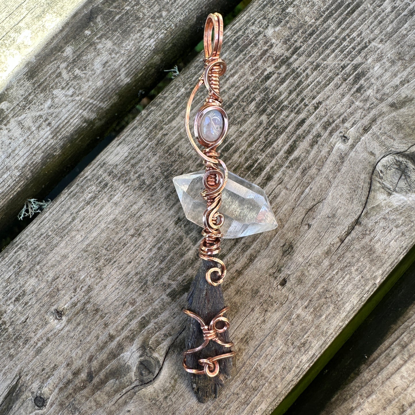 Black Kyanite x Moonstone Copper Wire Wrap Pendant