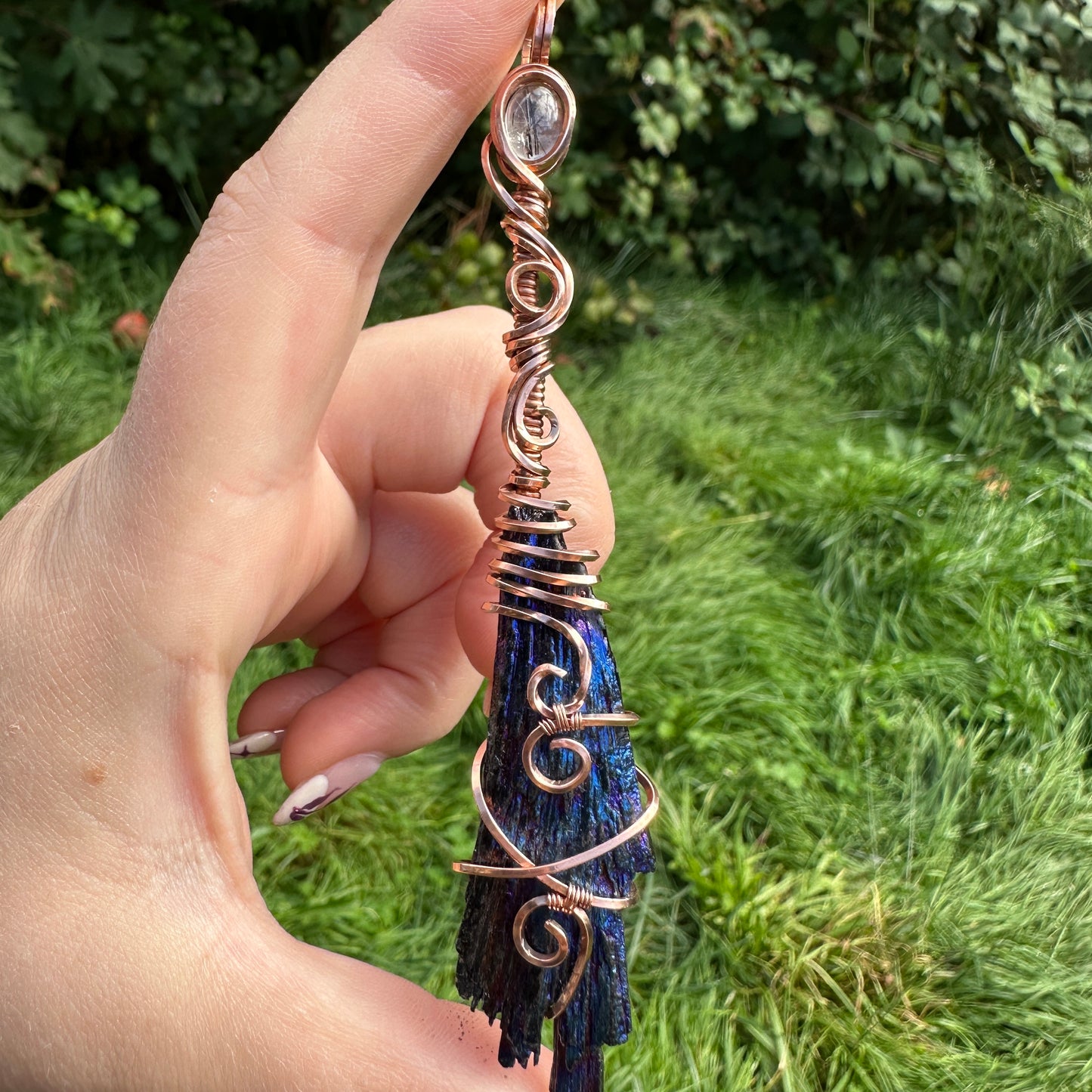 Titanium Coated Kyanite x Rutilated Quartz Broom Wire Wrap Copper Pendant